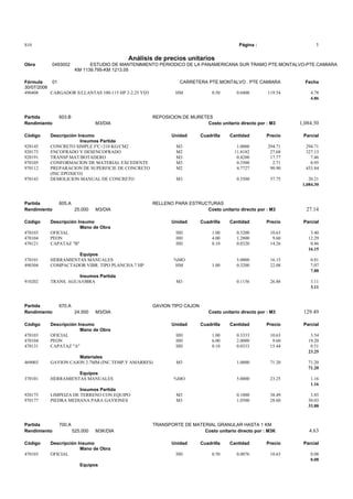 S10 Página : 1
Análisis de precios unitarios
Obra 0493002 ESTUDIO DE MANTENIMIENTO PERIODICO DE LA PANAMERICANA SUR TRAMO PTE.MONTALVO-PTE.CAMIARA
KM 1139.795-KM 1213.05
Fórmula 01 CARRETERA PTE.MONTALVO . PTE CAMIARA Fecha
30/07/2006
490408 CARGADOR S/LLANTAS 100-115 HP 2-2.25 YD3 HM 0.50 0.0400 119.54 4.78
4.86
Partida 603.B REPOSICION DE MURETES
Rendimiento M3/DIA Costo unitario directo por : M3 1,084.30
Código Descripción Insumo Unidad Cuadrilla Cantidad Precio Parcial
Insumos Partida
920145 CONCRETO SIMPLE F'C=210 KG/CM2 M3 1.0000 294.71 294.71
920173 ENCOFRADO Y DESENCOFRADO M2 11.8182 27.68 327.13
920191 TRANSP.MAT/BOTADERO M3 0.4200 17.77 7.46
970105 CONFORMACION DE MATERIAL EXCEDENTE M3 0.3500 2.71 0.95
970112 PREPARACION DE SUPERFICIE DE CONCRETO M2 4.7727 90.90 433.84
(INC.EPOXICO)
970143 DEMOLICION MANUAL DE CONCRETO M3 0.3500 57.75 20.21
1,084.30
Partida 605.A RELLENO PARA ESTRUCTURAS
Rendimiento 25.000 M3/DIA Costo unitario directo por : M3 27.14
Código Descripción Insumo Unidad Cuadrilla Cantidad Precio Parcial
Mano de Obra
470103 OFICIAL HH 1.00 0.3200 10.63 3.40
470104 PEON HH 4.00 1.2800 9.60 12.29
470121 CAPATAZ "B" HH 0.10 0.0320 14.26 0.46
16.15
Equipos
370101 HERRAMIENTAS MANUALES %MO 5.0000 16.15 0.81
490304 COMPACTADOR VIBR. TIPO PLANCHA 7 HP HM 1.00 0.3200 22.08 7.07
7.88
Insumos Partida
910202 TRANS. AGUA/OBRA M3 0.1156 26.88 3.11
3.11
Partida 670.A GAVION TIPO CAJON
Rendimiento 24.000 M3/DIA Costo unitario directo por : M3 129.49
Código Descripción Insumo Unidad Cuadrilla Cantidad Precio Parcial
Mano de Obra
470103 OFICIAL HH 1.00 0.3333 10.63 3.54
470104 PEON HH 6.00 2.0000 9.60 19.20
470131 CAPATAZ "A" HH 0.10 0.0333 15.44 0.51
23.25
Materiales
469003 GAVION CAJON 2.7MM (INC.TEMP.Y AMARRES) M3 1.0000 71.20 71.20
71.20
Equipos
370101 HERRAMIENTAS MANUALES %MO 5.0000 23.25 1.16
1.16
Insumos Partida
920175 LIMPEIZA DE TERRENO CON EQUIPO M3 0.1000 38.49 3.85
970177 PIEDRA MEDIANA PARA GAVIONES M3 1.0500 28.60 30.03
33.88
Partida 700.A TRANSPORTE DE MATERIAL GRANULAR HASTA 1 KM
Rendimiento 525.000 M3K/DIA Costo unitario directo por : M3K 4.63
Código Descripción Insumo Unidad Cuadrilla Cantidad Precio Parcial
Mano de Obra
470103 OFICIAL HH 0.50 0.0076 10.63 0.08
0.08
Equipos
 