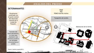 ANALISIS DEL PREDIO
PEMP
POT
POMCH del Río molino
Fachada del
hotel Monasterio,
se tiene que
mantener una
armonía acorde a
las fachadas
circunvecinas al
predio
Topografía del predio.
Visualmente
conectado con
el punto central
del desarrollo
colonial de la
ciudad de
Popayán.
DETERMINANTES
Abstraccion de la forma
Fuente: Analisis propio(2021).
 