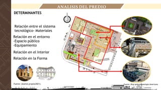 DETERMINANTES
Relación entre el sistema
tecnológico- Materiales
Relación en el entorno
-Espacio público
-Equipamiento
Relación en el Interior
Relación en la Forma
Fuente: Blog spots Arqueología Americana
ANALISIS DEL PREDIO
Fuente: Analisis propio(2021).
 