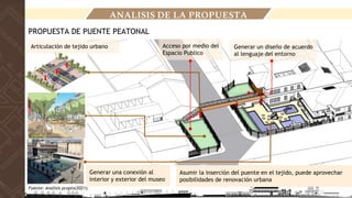 ANALISIS DE LA PROPUESTA
PROPUESTA DE PUENTE PEATONAL
Generar una conexión al
interior y exterior del museo
Asumir la inserción del puente en el tejido, puede aprovechar
posibilidades de renovación urbana
Articulación de tejido urbano Acceso por medio del
Espacio Publico
Generar un diseño de acuerdo
al lenguaje del entorno
Fuente: Analisis propio(2021).
 