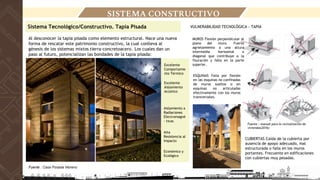 SISTEMA CONSTRUCTIVO
MUROS Flexión perpendicular al
plano del muro. Fuerte
agrietamiento a una altura
intermedia horizontal o
diagonal que contribuye a la
fisuración y falla en la parte
superior.
ESQUINAS Falla por flexión
en las esquinas no confinadas
de muros sueltos o en
esquinas no articuladas
efectivamente con los muros
transversales.
CUBIERTAS Caída de la cubierta por
ausencia de apoyo adecuado, mal
estructurada o falla en los muros
portantes. Frecuente en edificaciones
con cubiertas muy pesadas.
Sistema Tecnológico/Constructivo. Tapia Pisada
Al desconocer la tapia pisada como elemento estructural. Nace una nueva
forma de rescatar este patrimonio constructivo, la cual conlleva al
génesis de los sistemas mixtos tierra-concretoacero. Los cuales dan un
paso al futuro, potencializan las bondades de la tapia pisada:
VULNERABILIDAD TECNOLÓGICA - TAPIA
Excelente
Comportamie
nto Térmico
Excelente
Aislamiento
Acústico
Aislamiento a
Radiaciones
Electromagné
- ticas
Alta
Resistencia al
Impacto
Económico y
Ecológico
Fuente : Casa Posada Moreno
Fuente : manual para la revitalización de
viviendas(2016)
 