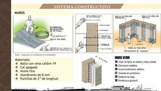 Materiales
❖ Malla con vena calibre 19
❖ Cal apagada
❖ Arena fina
❖ Alambrones de 8 mm
❖ Puntillas de 2” de longitud.
SISTEMA CONSTRUCTIVO
MUROS
Fuente : manual para la revitalización de viviendas(2016)
 