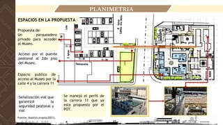PLANIMETRIA
Propuesta de:
Un parqueadero
privado para acceder
al Museo.
Espacio publico de
acceso al Museo por la
calle 4 y la carrera 11
Acceso por el puente
peatonal al 2do piso
del Museo.
Señalización vial que
garanticé la
seguridad peatonal y
vial
Se manejó el perfil de
la carrera 11 que ya
esta propuesto por el
POT.
ESPACIOS EN LA PROPUESTA
Fuente: Analisis propio(2021).
 