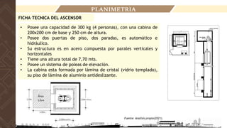 PLANIMETRIA
• Posee una capacidad de 300 kg (4 personas), con una cabina de
200x200 cm de base y 250 cm de altura.
• Posee dos puertas de piso, dos paradas, es automático e
hidráulico.
• Su estructura es en acero compuesta por parales verticales y
horizontales
• Tiene una altura total de 7,70 mts.
• Posee un sistema de poleas de elevación.
• La cabina esta formada por lámina de cristal (vidrio templado),
su piso de lámina de aluminio antideslizante.
FICHA TECNICA DEL ASCENSOR
Fuente: Analisis propio(2021).
 