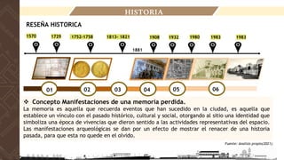 HISTORIA
❖ Concepto Manifestaciones de una memoria perdida.
La memoria es aquella que recuerda eventos que han sucedido en la ciudad, es aquella que
establece un vínculo con el pasado histórico, cultural y social, otorgando al sitio una identidad que
simboliza una época de vivencias que dieron sentido a las actividades representativas del espacio.
Las manifestaciones arqueológicas se dan por un efecto de mostrar el renacer de una historia
pasada, para que esta no quede en el olvido.
1983
1932
1729
1570
01 02 03
1752-1758 1813- 1821
1881
1908 1980 1983
04 06
05
RESEÑA HISTORICA
Fuente: Analisis propio(2021).
 