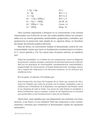 180 • Lawrence Flores Ayvar
17. Pp Rp IU 3
18. ¬Pp M.T. 7, 4
19. ¬Gp M.T. 6, 8
10. ¬ ( Cp v DPEp ) M.T. 5, 9
11. ¬Cp • ¬DPEp De M. 10
12. ¬DPEp • ¬Cp Conm. 11
13. ¬DPEp Simp. 12
Otra cuestión importante a destacar es lo concerniente a las normas
relacionadas con el derecho al voto, las cuales también deben ser interpre-
tadas con un criterio garantista, maximizador, progresista y tutelador, que
proporcione la protección más amplia de su vigencia eﬁcaz, en beneﬁcio
del titular del derecho político-electoral.
Para tal efecto, es conveniente realizar el denominado control de con-
vencionalidad, mismo que tiene su fundamento constitucional en el artícu-
lo 1º, tercer párrafo y 133. En cuanto hace al primer artículo, se establece
que:
Todas las autoridades, en el ámbito de sus competencias, tienen la obligación
de promover, respetar, proteger y garantizar los derechos humanos de conformi-
dad con los principios de universalidad, interdependencia, indivisibilidad y
progresividad. En consecuencia, el Estado deberá prevenir, investigar, sancio-
nar y reparar las violaciones a los derechos humanos, en los términos que
establezca la ley.
Por su parte, el artículo 133 señala que:
Esta Constitución, las leyes del Congreso de la Unión que emanen de ella y
todos los Tratados que estén de acuerdo con la misma, celebrados y que se
celebren por el Presidente de la República, con aprobación del Senado, serán
la Ley Suprema de toda la Unión. Los jueces de cada Estado se arreglarán a
dicha Constitución, leyes y tratados, a pesar de las disposiciones en contrario
que pueda haber en las Constituciones o leyes de los Estados.
Ahora bien, ¿qué signiﬁca que una disposición sea contraria a la Cons-
titución, a las leyes o a los tratados? Para dar respuesta a este cuestio-
namiento, tenemos que remitirnos al denominado cuadro de oposición
aristotélico:
¬
¬
¬
¬
¬
¬
¬
¬
 