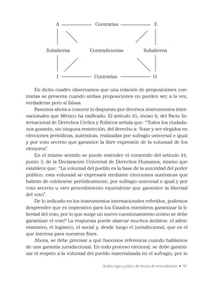 Análisis lógico-jurídico del recurso de reconsideración • 181
A Contrarias E
Subalterna Contradictorias Subalterna
I Contrarias O
En dicho cuadro observamos que una relación de proposiciones con-
trarias se presenta cuando ambas proposiciones no pueden ser, a la vez,
verdaderas pero sí falsas.
Pasemos ahora a conocer lo dispuesto por diversos instrumentos inter-
nacionales que México ha ratiﬁcado. El artículo 25, inciso b, del Pacto In-
ternacional de Derechos Civiles y Políticos señala que: “Todos los ciudada-
nos gozarán, sin ninguna restricción, del derecho a: Votar y ser elegidos en
elecciones periódicas, auténticas, realizadas por sufragio universal e igual
y por voto secreto que garantice la libre expresión de la voluntad de los
electores”.
En el mismo sentido se puede entender el contenido del artículo 21,
punto 3, de la Declaración Universal de Derechos Humanos, mismo que
establece que: “La voluntad del pueblo es la base de la autoridad del poder
público; esta voluntad se expresará mediante elecciones auténticas que
habrán de celebrarse periódicamente, por sufragio universal e igual y por
voto secreto u otro procedimiento equivalente que garantice la libertad
del voto”.
De lo indicado en los instrumentos internacionales referidos, podemos
desprender que es imperativo para los Estados miembros garantizar la li-
bertad del voto, por lo que surge un nuevo cuestionamiento ¿cómo se debe
garantizar el voto? La respuesta puede abarcar muchos ámbitos: el admi-
nistrativo, el logístico, el social y, desde luego el jurisdiccional, que es el
que interesa para nuestros ﬁnes.
Ahora, se debe precisar a qué hacemos referencia cuando hablamos
de una garantía jurisdiccional. En todo proceso electoral, se debe garanti-
zar el respeto a la voluntad del pueblo materializada en el sufragio, por lo
 