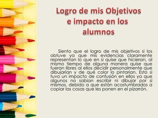 Siento que el logro de mis objetivos si los
obtuve ya que mis evidencias claramente
representan lo que en si quise que hicieran, al
mismo tiempo de alguna manera quise que
fueran libres al ellos decidir personalmente que
dibujarían y de qué color lo pintarían. Esto si
tuvo un impacto de confusión en ellos ya que
algunos no sabían escribir ni dibujar por sí
mismos, debido a que están acostumbrados a
copiar las cosas que les ponen en el pizarrón.
 