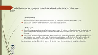 7. ¿Qué diferencias pedagógicas y administrativas habría entre un taller y un
club?
Administrativa
 Los talleres cuenta con dos días de sesiones, de realización de la propuesta por nivel.
 Los clubes cuentan con tres semanas, o sea 6 días de sesiones.
Pedagógica
 Los talleres abarcan solamente la propuesta por nivel sin mucha profundización de la robótica, que
sirve para introducir una pincelada secuencial que el niño adquiere año tras año, o sea una línea
teórica.
 Los clubes profundizan más tanto en teoría, conceptos como programación además cuentan con la
participación de aquellos niños que denotaron mas interés y rendimiento en los talleres, además
cuenta con una sesión exclusiva para evaluar y hacer demostraciones si así lo amerita el club.
La comunidad escolar, docentes y padres de familia están siempre presente para su realización.
 