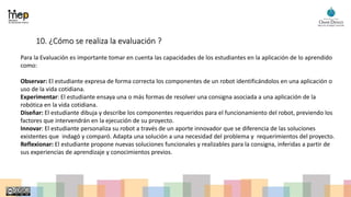 10. ¿Cómo se realiza la evaluación ?
Para la Evaluación es importante tomar en cuenta las capacidades de los estudiantes en la aplicación de lo aprendido
como:
Observar: El estudiante expresa de forma correcta los componentes de un robot identificándolos en una aplicación o
uso de la vida cotidiana.
Experimentar: El estudiante ensaya una o más formas de resolver una consigna asociada a una aplicación de la
robótica en la vida cotidiana.
Diseñar: El estudiante dibuja y describe los componentes requeridos para el funcionamiento del robot, previendo los
factores que intervendrán en la ejecución de su proyecto.
Innovar: El estudiante personaliza su robot a través de un aporte innovador que se diferencia de las soluciones
existentes que indagó y comparó. Adapta una solución a una necesidad del problema y requerimientos del proyecto.
Reflexionar: El estudiante propone nuevas soluciones funcionales y realizables para la consigna, inferidas a partir de
sus experiencias de aprendizaje y conocimientos previos.
 