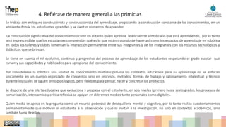 4. Refiérase de manera general a las primicias
Se trabaja con enfoques constructivista y construccionista del aprendizaje, propiciando la construcción constante de los conocimientos, en un
ambiente donde los estudiantes aprenden y se sientan contentos de aprender.
La construcción significativa del conocimiento ocurre en el tanto quien aprende le encuentre sentido a lo que está aprendiendo, por lo tanto
será imprescindible que los estudiantes comprendan qué es lo que están tratando de hacer así como los espacios de aprendizaje en robótica
en todos los talleres y clubes fomentan la interacción permanente entre sus integrantes y de los integrantes con los recursos tecnológicos y
didácticos que se brindan.
Se tiene en cuenta el rol evolutivo, continuo y progresivo del proceso de aprendizaje de los estudiantes respetando el grado escolar que
cursan y sus capacidades y habilidades para apropiarse del conocimiento.
Por considerarse la robótica una unidad de conocimiento multidisciplinaria los contextos educativos para su aprendizaje no se enfocan
únicamente en un cuerpo organizado de conceptos sino en procesos, métodos, formas de trabajo y razonamiento intelectual y técnico
durante los cuales se siguen principios lógicos, pero flexibles para pensar, hacer y concretar los productos.
Se dispone de una oferta educativa que evoluciona y progresa con el estudiante, en seis niveles (primero hasta sexto grado), los procesos de
comunicación, intercambio y crítica reflexiva se apoyan en diferentes medios tanto personales como digitales.
Quien media se apoya en la pregunta como un recurso poderoso de desequilibrio mental y cognitivo, por lo tanto realiza cuestionamientos
permanentemente que motivan al estudiante a la observación y que lo invitan a la investigación, no solo en contextos académicos, sino
también fuera de ellos.
 