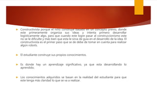  Constructivista porque el niño construye basado en un concepto previo, donde
este primeramente organiza sus ideas y intenta primero desarrollar
logísticamente algo, para que cuando este logre pasar al construccionismo este
no se le dificulte y más bien que esta le sirva de guía en el desarrollo de la idea. El
constructivista es el primer paso que se de debe de tomar en cuenta para realizar
algún robots.
 El estudiante construye sus propios conocimientos.
 Es donde hay un aprendizaje significativo, ya que esta desarrollando lo
aprendido.
 Los conocimientos adquiridos se basan en la realidad del estudiante para que
este tenga más claridad lo que se va a realizar.
 