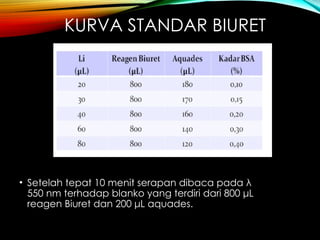 KURVA STANDAR BIURET
• Setelah tepat 10 menit serapan dibaca pada λ
550 nm terhadap blanko yang terdiri dari 800 μL
reagen Biuret dan 200 μL aquades.
 