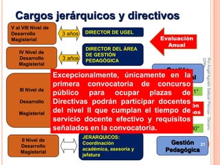 Cargos jerárquicos y directivos
V al VIII Nivel de
Desarrollo              3 años    DIRECTOR DE UGEL
Magisterial                                              Evaluación
                                                           Anual
                                  DIRECTOR DEL ÁREA
   IV Nivel de
                                  DE GESTIÓN
   Desarrollo           3 años




                                                                        CPPe
                                                                        Por Angel Agustin Salazar Piscoya - Decano
                                  PEDAGÓGICA
   Magisterial
                                                 Gestión
                     Excepcionalmente, únicamente en la
                                               Institucional
                             ESPECIALISTA
                     primera MINEDU, DRE o UGEL de concurso
                               convocatoria
    III Nivel de
                     público para ocupar plazas Art. 31°     de
    Desarrollo       DirectivasINSTITUCIÓN participar docentes
                                 podrán                 Evaluación
   Magisterial       del nivel II que cumplan el tiempo 3 años
                               EDUCATIVA
                                                       cada de
                               Director y Subdirector
                     servicio docente efectivo y requisitos
                     señalados en la convocatoria.           Art. 30°
                                 JERARQUICOS:
    II Nivel de
                                 Coordinación              Gestión 21
    Desarrollo
                                 académica, asesoría y    Pedagógica
    Magisterial
                                 jefatura
 