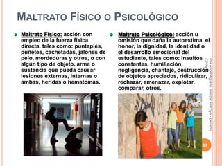 MALTRATO FÍSICO O PSICOLÓGICO
Maltrato Físico: acción con       Maltrato Psicológico: acción u
empleo de la fuerza física        omisión que daña la autoestima, el
directa, tales como: puntapiés,   honor, la dignidad, la identidad o
puñetes, cachetadas, jalones de   el desarrollo emocional del
pelo, mordeduras y otros, o con   estudiante, tales como: insultos




                                                                  CPPe
                                                                  Por Angel Agustin Salazar Piscoya - Decano
algún tipo de objeto, arma o      constantes, humillación,
sustancia que pueda causar        negligencia, chantaje, destrucción
lesiones externas, internas o     de objetos apreciados, ridiculizar,
ambas, heridas o hematomas.       rechazar, amenazar, explotar,
                                  comparar, otros.




                                                                  33
 