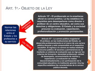 ART. 1º.- OBJETO DE LA LEY
                   Artículo 15°.- El profesorado en la enseñanza
                   oficial es carrera pública. La ley establece los
                  requisitos para desempeñarse como director o
                  profesor de un centro educativo, así como sus




                                                                             CPPe
                                                                             Por Angel Agustin Salazar Piscoya - Decano
                 derechos y obligaciones. El Estado y la sociedad
 Normar las
                       procuran su evaluación, capacitación,
 relaciones        profesionalización y promoción permanentes.
   entre el
Estado y los
profesores a             Artículo 57°.- La carrera pública magisterial
 su servicio           El profesor, en las instituciones del Estado, se
                  desarrolla profesionalmente en el marco de una carrera
                   pública docente y está comprendido en el respectivo
                   escalafón. El ingreso a la carrera se realiza mediante
                     concurso público. El ascenso y permanencia se da
                  mediante un sistema de evaluación que se rige por los
                   criterios de formación, idoneidad profesional, calidad
                        de desempeño, reconocimiento de méritos y
                             experiencia. La evaluación se realiza
                       descentralizadamente y con participación de la
                   comunidad educativa y la institución gremial. Una ley     8
                    específica establece las características de la carrera
                                        pública docente.
 
