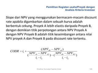 Pemilihan Kegiatan usaha/Proyek dengan
                                                   Analisis Kriteria Investasi


Slope dari NPV yang menggunakan bermacam-macam discount
rate apabila digambarkan dalam sebuah kurva adalah
berbentuk cekung. Proyek A lebih elastis daripada Proyek B,
dengan demikian titik perpotongan antara NPV Proyek A
dengan NPV Proyek B adalah titik keseimbangan antara nilai
NPV proyek A dan Proyek B pada discount rate tertentu.


                             ( NPVB1 NPV A1 )
  CODR    i1
                   NPV A1   NPV A 2     NPVB1 NPVB 2
               (                    ) (              )
                       i1   i2             i1 i2


                        Krisdinar Sumadja-Faperta Unbar                  146
 