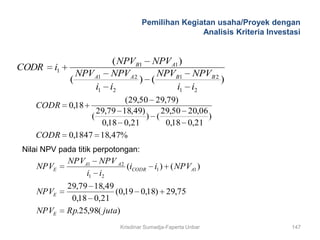 Pemilihan Kegiatan usaha/Proyek dengan
                                                   Analisis Kriteria Investasi


                          ( NPVB1 NPV A1 )
CODR     i1
                NPV A1   NPV A 2     NPVB1 NPVB 2
              (                  ) (              )
                    i1   i2             i1 i2
                             (29,50 29,79)
   CODR       0,18
                      29,79 18,49)     29,50 20,06
                    (              ) (             )
                       0,18 0,21        0,18 0,21
   CODR       0,1847 18,47%
Nilai NPV pada titik perpotongan:
              NPVA1 NPV A 2
    NPVE                    (iCODR i1 ) ( NPVA1 )
                  i1 i2
              29,79 18,49
    NPVE                    (0,19 0,18) 29,75
               0,18 0,21
    NPVE      Rp.25,98( juta)
                           Krisdinar Sumadja-Faperta Unbar                 147
 