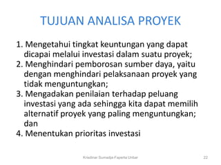 TUJUAN ANALISA PROYEK
1. Mengetahui tingkat keuntungan yang dapat
  dicapai melalui investasi dalam suatu proyek;
2. Menghindari pemborosan sumber daya, yaitu
  dengan menghindari pelaksanaan proyek yang
  tidak menguntungkan;
3. Mengadakan penilaian terhadap peluang
  investasi yang ada sehingga kita dapat memilih
  alternatif proyek yang paling menguntungkan;
  dan
4. Menentukan prioritas investasi

                 Krisdinar Sumadja-Faperta Unbar   22
 