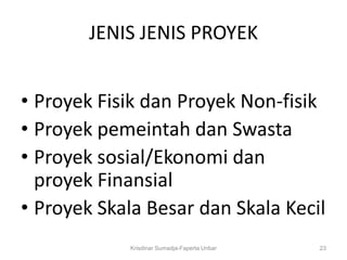 JENIS JENIS PROYEK


• Proyek Fisik dan Proyek Non-fisik
• Proyek pemeintah dan Swasta
• Proyek sosial/Ekonomi dan
  proyek Finansial
• Proyek Skala Besar dan Skala Kecil
            Krisdinar Sumadja-Faperta Unbar   23
 