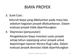 BIAYA PROYEK
3. Sunk Cost :
   Seluruh biaya yang dikeluarkan pada masa lalu
   sebelum kegiatan proyek dilaksankanan. Dalam
   evaluasi proyek tidak diperhitungkan
4. Depresiasi (penyusutan)
   Pengalokasian biaya investasi suatu proyek
   setiap tahun sepanjang umur proyek untuk
   kepentingan laporan Neraca Rugi Laba. Dalam
   evaluasi proyek deresiasi tidak diperhitungkan
                 Krisdinar Sumadja-Faperta Unbar   32
 
