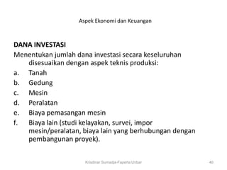 Aspek Ekonomi dan Keuangan



DANA INVESTASI
Menentukan jumlah dana investasi secara keseluruhan
   disesuaikan dengan aspek teknis produksi:
a. Tanah
b. Gedung
c. Mesin
d. Peralatan
e. Biaya pemasangan mesin
f. Biaya lain (studi kelayakan, survei, impor
   mesin/peralatan, biaya lain yang berhubungan dengan
   pembangunan proyek).

                     Krisdinar Sumadja-Faperta Unbar     40
 