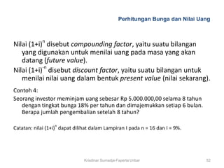 Perhitungan Bunga dan Nilai Uang



Nilai (1+i)n disebut compounding factor, yaitu suatu bilangan
   yang digunakan untuk menilai uang pada masa yang akan
   datang (future value).
Nilai (1+i)-n disebut discount factor, yaitu suatu bilangan untuk
   menilai nilai uang dalam bentuk present value (nilai sekarang).
Contoh 4:
Seorang investor meminjam uang sebesar Rp 5.000.000,00 selama 8 tahun
   dengan tingkat bunga 18% per tahun dan dimajemukkan setiap 6 bulan.
   Berapa jumlah pengembalian setelah 8 tahun?

Catatan: nilai (1+i)n dapat dilihat dalam Lampiran I pada n = 16 dan I = 9%.




                                Krisdinar Sumadja-Faperta Unbar                 52
 