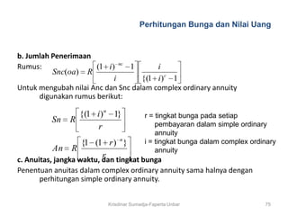Perhitungan Bunga dan Nilai Uang


b. Jumlah Penerimaan
Rumus:                (1 i) nc 1        i
          Snc(oa) R
                           i        {(1 i) c 1
Untuk mengubah nilai Anc dan Snc dalam complex ordinary annuity
      digunakan rumus berikut:

                 {(1 i ) n 1}             r = tingkat bunga pada setiap
          Sn   R                              pembayaran dalam simple ordinary
                     r
                                              annuity
                    {1 (1 r ) n }         i = tingkat bunga dalam complex ordinary
           An R                               annuity
                          r
c. Anuitas, jangka waktu, dan tingkat bunga
Penentuan anuitas dalam complex ordinary annuity sama halnya dengan
      perhitungan simple ordinary annuity.


                           Krisdinar Sumadja-Faperta Unbar                    75
 