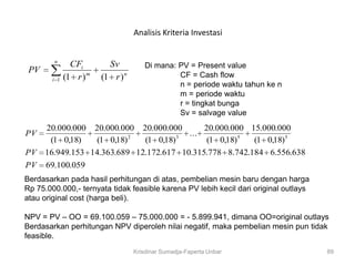 Analisis Kriteria Investasi


        n
                CFi        Sv          Di mana: PV = Present value
 PV
        i 1   (1 r ) m   (1 r ) n               CF = Cash flow
                                                n = periode waktu tahun ke n
                                                m = periode waktu
                                                r = tingkat bunga
                                                Sv = salvage value
   20.000.000 20.000.000 20.000.000       20.000.000 15.000.000
PV                                    ...
    (1 0,18)    (1 0,18) 2 (1 0,18)3       (1 0,18)5  (1 0,18)5
PV 16.949.153 14.363.689 12.172.617 10.315.778 8.742.184 6.556.638
PV 69.100.059
Berdasarkan pada hasil perhitungan di atas, pembelian mesin baru dengan harga
Rp 75.000.000,- ternyata tidak feasible karena PV lebih kecil dari original outlays
atau original cost (harga beli).

NPV = PV – OO = 69.100.059 – 75.000.000 = - 5.899.941, dimana OO=original outlays
Berdasarkan perhitungan NPV diperoleh nilai negatif, maka pembelian mesin pun tidak
feasible.
                                    Krisdinar Sumadja-Faperta Unbar                   89
 