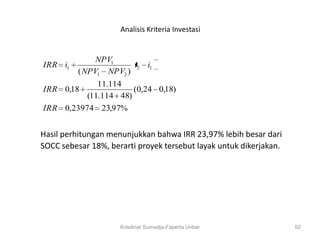 Analisis Kriteria Investasi


               NPV1
IRR i1                  i2 i1
          ( NPV1 NPV2 )
             11.114
IRR 0,18              (0,24 0,18)
          (11.114 48)
IRR 0,23974 23,97%


Hasil perhitungan menunjukkan bahwa IRR 23,97% lebih besar dari
SOCC sebesar 18%, berarti proyek tersebut layak untuk dikerjakan.




                     Krisdinar Sumadja-Faperta Unbar                92
 
