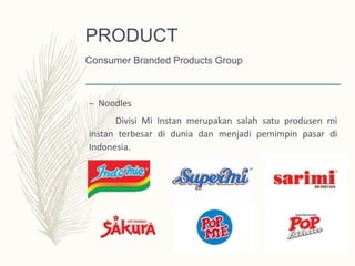 PRODUCT
– Noodles
Divisi Mi Instan merupakan salah satu produsen mi
instan terbesar di dunia dan menjadi pemimpin pasar di
Indonesia.
Consumer Branded Products Group
 