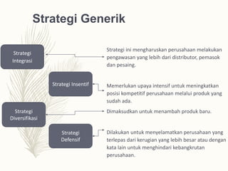 Strategi Generik
Strategi
Integrasi
Strategi ini mengharuskan perusahaan melakukan
pengawasan yang lebih dari distributor, pemasok
dan pesaing.
Memerlukan upaya intensif untuk meningkatkan
posisi kompetitif perusahaan melalui produk yang
sudah ada.
Dimaksudkan untuk menambah produk baru.
Dilakukan untuk menyelamatkan perusahaan yang
terlepas dari kerugian yang lebih besar atau dengan
kata lain untuk menghindari kebangkrutan
perusahaan.
Strategi Insentif
Strategi
Diversifikasi
Strategi
Defensif
 