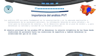 85
Importancia del análisis PVT
Los análisis PVT son parte fundamental en la caracterización y en la adecuada explotación y
mantenimiento de un yacimiento petrolero. La información obtenida en estos estudios , es
vital para la evaluación de reservas , en el desarrollo optimo de un plan de recobro , y para
determinar la cantidad y calidad de los fluidos producidos.
El objetivo principal de las pruebas PVT es determinar la relación volumétrica de las fases desde
condiciones de yacimiento hasta las condiciones de superficie y también determinar la
solubilidad del gas en el crudo.
 