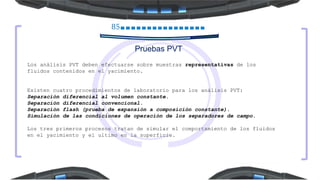 85
Los análisis PVT deben efectuarse sobre muestras representativas de los
fluidos contenidos en el yacimiento.
Existen cuatro procedimientos de laboratorio para los análisis PVT:
Separación diferencial al volumen constante.
Separación diferencial convencional.
Separación flash (prueba de expansión a composición constante).
Simulación de las condiciones de operación de los separadores de campo.
Los tres primeros procesos tratan de simular el comportamiento de los fluidos
en el yacimiento y el ultimo en la superficie.
Pruebas PVT
 