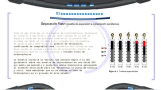 85
Separación Flash (prueba de expansión a composición constante)
Todo el gas liberado de una mezcla de hidrocarburos, permanece
en contacto y equilibrio con la fase liquida de la que se
separa y consiste en efectuar cambios en la presión del
sistema variando el volumen total ocupado por la muestra.
Se realiza para determinar la presión de saturación,
coeficiente de compresibilidad isotérmico del fluido en una
fase cuando se excede la presión de saturación, factor de
compresibilidad de la fase gaseosa y volumen total de
hidrocarburos.
La muestra consiste en ejercer una presión mayor a la del
yacimiento sobre una muestra de hidrocarburo en una celda PVT
por medio de mercurio y posterior mente disminuirla extrayendo
el elemento mencionado para así determinar el punto de burbuja
y rocío, cabe mencionar que no se extrae volumen de
hidrocarburo en el proceso de esta prueba.
 