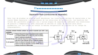 85
Separación flash (condiciones de separador)
Este tipo de pruebas se efectúa para determinar las condiciones optimas de operaciones a las
cuales deben manejarse los separadores de las estaciones de recolección. Las muestras del
fluido del yacimiento pasan por una o varias etapas de separación cambiando las condiciones
de presión y temperatura. Como resultado se obtiene un juego de valores para estas
parámetros, con los cuales se tendrá la máxima recuperación de líquidos en el tanque de
almacenamiento.
 
