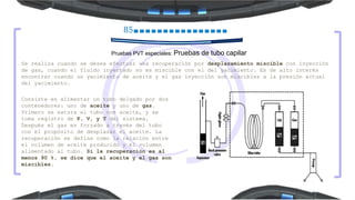 85
Pruebas PVT especiales: Pruebas de tubo capilar
Se realiza cuando se desea efectuar una recuperación por desplazamiento miscible con inyección
de gas, cuando el fluido inyectado no es miscible con el del yacimiento. Es de alto interés
encontrar cuando un yacimiento de aceite y el gas inyección son miscibles a la presión actual
del yacimiento.
Consiste en alimentar un tubo delgado por dos
contenedores: uno de aceite y uno de gas.
Primero se satura el tubo con aceite, y se
toma registro de P, V, y T del sistema.
Después el gas es forzado a través del tubo
con el propósito de desplazar el aceite. La
recuperación se define como la relación entre
el volumen de aceite producido y el volumen
alimentado al tubo. Si la recuperación es al
menos 90 %, se dice que el aceite y el gas son
miscibles.
 