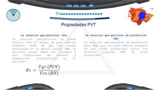 85
La relación gas-petróleo (Rs)
La relación gas-petróleo se puede
definir como el número de pies cúbicos
normales (PCN) de gas que pueden
disolverse en un barril normal (BN) de
petróleo cuando ambos son llevados a
las condiciones de presión y
temperatura prevaleciente en el
yacimiento
La relación gas-petróleo de producción
(Rp)
La relación gas-petróleo de producción
está dada por los pies cúbicos normales
de gas (PCN) producidos entre los
barriles normales (BN) de crudo
producidos.
Propiedades PVT
 