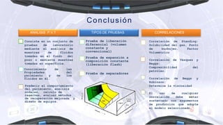Conclusión
Conocimiento de las
Propiedades del
yacimiento y de los
fluidos en él.
Predecir el comportamiento
del yacimiento, análisis
nodales, calculo de
reservas, evaluar métodos
de recuperación mejorada y
diseño de equipos.
Prueba de liberación
diferencial (volumen
constante y
convencional)
Prueba de expansión a
composición constante
(liberación flash)
Prueba de separadores
ANALISIS P.V.T TIPOS DE PRUEBAS
Consiste en un conjunto de
pruebas de laboratorio
mediante el análisis de
muestras de fluidos
tomadas en el fondo del
pozo o mediante muestras
tomadas en superficie.
CORRELACIONES
Correlación de Standing:
Solubilidad del gas, Punto
de burbujeo, Factor
Volumétrico
Correlación de Vázquez y
Beggs:
Compresibilidad del
petróleo.
Correlación de Beggs y
Robinson:
Determina la viscosidad
El uso de cualquier
correlación debe estar
sustentado con argumentos
de producción que adopte
el modelo seleccionado.
 