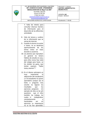 I.E. MONSEÑOR JOSÉ MANUEL SALCEDO        PROCESO Y CÓDIGO:
                 NIT: 815001612-9 DANE: 276520006635   GESTIÓN ADMINISTRATIVA
                  RESOLUCION 695 de Mayo7 de 2007      IEMJMS-FR-012
                             TELEFONO. 2661370
                              Carrera 5 # 2B-156
                                                       VERSIÓN: 002
                               El Bolo San Isidro
                                                       Emisión: 09-02-24
                      iemjmsalcedo@sempalmira.gov.co
                        rectoriamojomas@gmail.com
                  REFLEXIÓN ACERCA DE LA REFLEXION     Actualización: 11-06-08


             7. Falta de interés para
             consultar diversas fuentes
             de información para el
             desarrollo de las diferentes
             actividades

         8. Falta de lectura y análisis
             de la información que se
             extrae de Internet.
         9. Cuando el alumno no asiste
             a clases, no se desatrasa
             oportunamente de los
             temas vistos en clase
             durante su ausencia.
         10. Los jóvenes que reprueban
             en general no tienen
             hábitos de estudio en casa,
             para ellos nunca hay nada
             del colegio para hacer, se
             les olvidan las guías, que
             tenían examen, “había
             tarea, examen”?

         11. En el idioma extranjero es
             muy        importante       la
             adquisición del vocabulario
             y si el estudiante no quiere
             aprenderlo aunque sea el
             texto o pregunta más
             sencilla no logrará los
             resultados        que     los
             ejercicios proponen. Un
             ejemplo de ellos es las wh
             questions      que el icfes
             también las trabaja, las
             cuales ni       trabajándose
             constantemente               y
             haciéndoles        ver     en
             ejercicios su importancia
             no se las han aprendido.



NUESTRO DESTINO ES EL ÉXITO
 