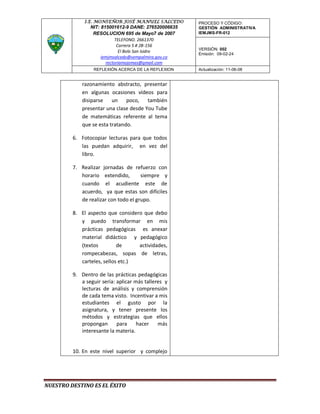 I.E. MONSEÑOR JOSÉ MANUEL SALCEDO       PROCESO Y CÓDIGO:
                NIT: 815001612-9 DANE: 276520006635   GESTIÓN ADMINISTRATIVA
                 RESOLUCION 695 de Mayo7 de 2007      IEMJMS-FR-012
                            TELEFONO. 2661370
                             Carrera 5 # 2B-156
                                                      VERSIÓN: 002
                              El Bolo San Isidro
                                                      Emisión: 09-02-24
                     iemjmsalcedo@sempalmira.gov.co
                       rectoriamojomas@gmail.com
                  REFLEXIÓN ACERCA DE LA REFLEXION    Actualización: 11-06-08


             razonamiento abstracto, presentar
             en algunas ocasiones vídeos para
             disiparse un poco, también
             presentar una clase desde You Tube
             de matemáticas referente al tema
             que se esta tratando.

         6. Fotocopiar lecturas para que todos
            las puedan adquirir, en vez del
            libro.

         7. Realizar jornadas de refuerzo con
            horario extendido,        siempre y
            cuando el acudiente este de
            acuerdo, ya que estas son difíciles
            de realizar con todo el grupo.

         8. El aspecto que considero que debo
            y puedo transformar en mis
            prácticas pedagógicas es anexar
            material didáctico y pedagógico
            (textos         de     actividades,
            rompecabezas, sopas de letras,
            carteles, sellos etc.)

         9. Dentro de las prácticas pedagógicas
            a seguir sería: aplicar más talleres y
            lecturas de análisis y comprensión
            de cada tema visto. Incentivar a mis
            estudiantes el gusto por la
            asignatura, y tener presente los
            métodos y estrategias que ellos
            propongan       para     hacer    más
            interesante la materia.


         10. En este nivel superior y complejo




NUESTRO DESTINO ES EL ÉXITO
 
