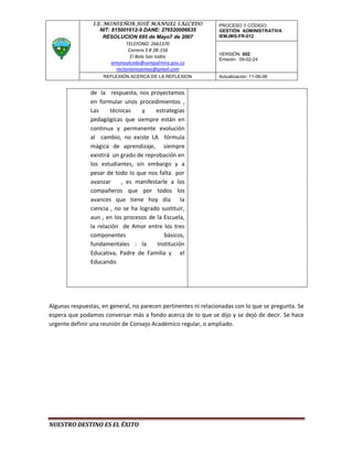 I.E. MONSEÑOR JOSÉ MANUEL SALCEDO               PROCESO Y CÓDIGO:
                   NIT: 815001612-9 DANE: 276520006635          GESTIÓN ADMINISTRATIVA
                    RESOLUCION 695 de Mayo7 de 2007             IEMJMS-FR-012
                               TELEFONO. 2661370
                                Carrera 5 # 2B-156
                                                                VERSIÓN: 002
                                 El Bolo San Isidro
                                                                Emisión: 09-02-24
                        iemjmsalcedo@sempalmira.gov.co
                          rectoriamojomas@gmail.com
                    REFLEXIÓN ACERCA DE LA REFLEXION            Actualización: 11-06-08


               de la respuesta, nos proyectamos
               en formular unos procedimientos ,
               Las     técnicas    y    estrategias
               pedagógicas que siempre están en
               continua y permanente evolución
               al cambio, no existe LA fórmula
               mágica de aprendizaje, siempre
               existirá un grado de reprobación en
               los estudiantes, sin embargo y a
               pesar de todo lo que nos falta por
               avanzar     , es manifestarle a los
               compañeros que por todos los
               avances que tiene hoy día la
               ciencia , no se ha logrado sustituir,
               aun , en los procesos de la Escuela,
               la relación de Amor entre los tres
               componentes                 básicos,
               fundamentales : la       Institución
               Educativa, Padre de Familia y el
               Educando.




Algunas respuestas, en general, no parecen pertinentes ni relacionadas con lo que se pregunta. Se
espera que podamos conversar más a fondo acerca de lo que se dijo y se dejó de decir. Se hace
urgente definir una reunión de Consejo Académico regular, o ampliado.




NUESTRO DESTINO ES EL ÉXITO
 