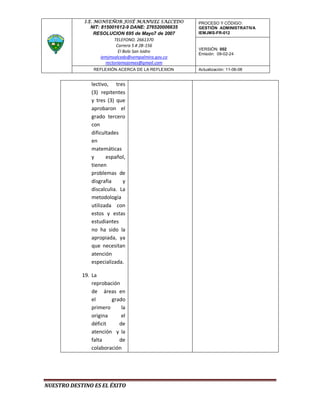 I.E. MONSEÑOR JOSÉ MANUEL SALCEDO       PROCESO Y CÓDIGO:
               NIT: 815001612-9 DANE: 276520006635   GESTIÓN ADMINISTRATIVA
                RESOLUCION 695 de Mayo7 de 2007      IEMJMS-FR-012
                           TELEFONO. 2661370
                            Carrera 5 # 2B-156
                                                     VERSIÓN: 002
                             El Bolo San Isidro
                                                     Emisión: 09-02-24
                    iemjmsalcedo@sempalmira.gov.co
                      rectoriamojomas@gmail.com
                REFLEXIÓN ACERCA DE LA REFLEXION     Actualización: 11-06-08


               lectivo, tres
               (3) repitentes
               y tres (3) que
               aprobaron el
               grado tercero
               con
               dificultades
               en
               matemáticas
               y      español,
               tienen
               problemas de
               disgrafia     y
               discalculia. La
               metodología
               utilizada con
               estos y estas
               estudiantes
               no ha sido la
               apropiada, ya
               que necesitan
               atención
               especializada.

            19. La
                reprobación
                de áreas en
                el      grado
                primero     la
                origina     el
                déficit    de
                atención y la
                falta      de
                colaboración




NUESTRO DESTINO ES EL ÉXITO
 