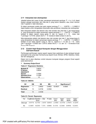 2.11 Interpolasi dan ekstrapolasi 
Jelaslah bahwa dari uraian di atas, pemakaian persamaan penduga Ŷ = b0 + b1X, dapat 
dipakai sebagai peramalan dari nilai-nilai Xi yang belum diketahui, atau untuk mencari 
nilai Y apabila Xi telah ditentukan, 
Di dalam penerapan praktis dari garis regresi penduga Ŷ = - 0,95776 + 0,16893 X 
dapat dipakai untuk mengadakan peramalan atau penafsiran interpolasi dan ekstrapolasi 
Nilai interpolasi adalah nilai taksiran atau nilai ramalan dari nilai-nilai Y, jika harga-harga 
Xi yang dimasukan ke dalam persamaan regresi penduga Ŷ = - 0,95776 + 0,16893 X 
terletak di dalam daerah ruang gerak X1 dan Xn , 
38 
seperti X = 10 maka nilai 
Y penduga = 0,73154; sebab nilai Xi = 10 berada di dalam antara X1 dan Xn. 
Nilai ekstrapolasi adalah nilai taksiran atau nilai ramalan dari nilai Y, jika harga-harga Xi 
yang dimasukkan ke dalam persamaan regresi penduga Ŷ = - 0,95776 + 0,16893 X 
terletak di luar batas daerah ruang X1 dan Xn. seperti X = 7,5 dan X = 15; maka 
nilai Y penduga = 0,30922 dan 1,57615; sebab nilai Xi = 7,5 dan Xi = 15 berada di luar 
Xminimum dan Xmaksimum. 
2.12 Contoh Hasil Output Komputer dengan Menggunakan 
Solf-ware Execel 
Perhitungan-perhitungan regresi seperti regresi linier sederhana di atas terdapat banyak 
perangkat lunak yang dapt membantunya seperti Excel, Minitab, SPSS, Statistica, Sistat, 
dan lain sebagainya. 
Dalam hal ini akan diberikan contoh keluaran komputer dengan program Excel seperti 
pada tabel berikut. 
1 Summary Output Excel 
Table 2.7 Regression Statistics 
Multiple R 0.8974 
R Square 0.8054 
Adjusted R 
Square 0.7904 
Standard Error 0.1909 
Observations 15 
Table 2.8 ANOVA 
SV DB SS MS F Significance F 
Regression 1 2.9602 2.9602 53.8037 0.0000 
Residual 13 0.4736 0.0364 
Total 14 2.4338 
Table 2.9 Parsial Regression 
Var Coefficients Standart 
Error 
t Stat P-value Lower 
95% 
Upper 
95% 
Lower 
99.0% 
Upper 
99.0% 
Intercept - 0.95776 0.27785 - 3.4470 0.00433 - 2.55803 - 0.35750 - 2.79474 - 0.12079 
X1 0.16893 0.02303 7.3351 0.00001 0.11918 0.21868 0.09956 0.23830 
PDF created with pdfFactory Pro trial version www.pdffactory.com 
 
