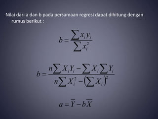 Nilai dari a dan b pada persamaan regresi dapat dihitung dengan
rumus berikut :
 
X
b
Y
a
X
X
n
Y
X
Y
X
n
b
x
y
x
b
i
i
i
i
i
i
i
i
i






 
  


2
2
2
 