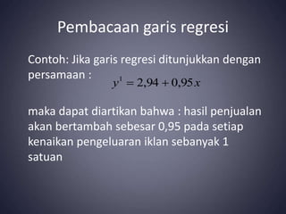 Pembacaan garis regresi
Contoh: Jika garis regresi ditunjukkan dengan
persamaan :
maka dapat diartikan bahwa : hasil penjualan
akan bertambah sebesar 0,95 pada setiap
kenaikan pengeluaran iklan sebanyak 1
satuan
x
y 95
,
0
94
,
2
1


 