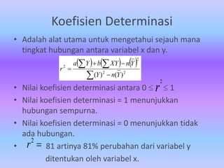 Koefisien Determinasi
• Adalah alat utama untuk mengetahui sejauh mana
tingkat hubungan antara variabel x dan y.
• Nilai koefisien determinasi antara 0   1
• Nilai koefisien determinasi = 1 menunjukkan
hubungan sempurna.
• Nilai koefisien determinasi = 0 menunjukkan tidak
ada hubungan.
• 81 artinya 81% perubahan dari variabel y
ditentukan oleh variabel x.
r
2

2
r
     






 2
2
2
2
)
(
)
( Y
n
Y
Y
n
XY
b
Y
a
r
 