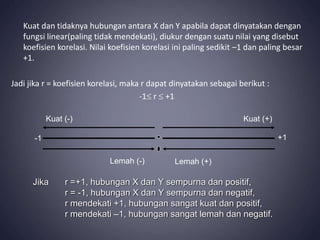 Kuat dan tidaknya hubungan antara X dan Y apabila dapat dinyatakan dengan
fungsi linear(paling tidak mendekati), diukur dengan suatu nilai yang disebut
koefisien korelasi. Nilai koefisien korelasi ini paling sedikit –1 dan paling besar
+1.
Jadi jika r = koefisien korelasi, maka r dapat dinyatakan sebagai berikut :
-1 r  +1
-1 +1
Kuat (-) Kuat (+)
Lemah (-) Lemah (+)
Jika r =+1, hubungan X dan Y sempurna dan positif,
r = -1, hubungan X dan Y sempurna dan negatif,
r mendekati +1, hubungan sangat kuat dan positif,
r mendekati –1, hubungan sangat lemah dan negatif.
 