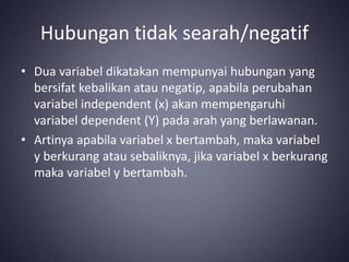 Hubungan tidak searah/negatif
• Dua variabel dikatakan mempunyai hubungan yang
bersifat kebalikan atau negatip, apabila perubahan
variabel independent (x) akan mempengaruhi
variabel dependent (Y) pada arah yang berlawanan.
• Artinya apabila variabel x bertambah, maka variabel
y berkurang atau sebaliknya, jika variabel x berkurang
maka variabel y bertambah.
 