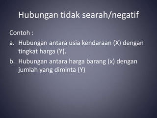 Hubungan tidak searah/negatif
Contoh :
a. Hubungan antara usia kendaraan (X) dengan
tingkat harga (Y).
b. Hubungan antara harga barang (x) dengan
jumlah yang diminta (Y)
 